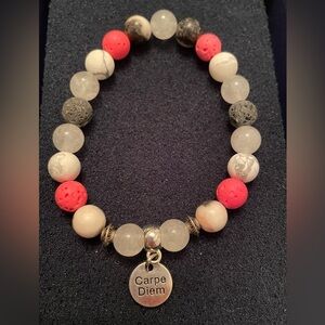 Elegant Pink and White Stone Beaded Bracelet with 'Carpe Diem' Charm NIB